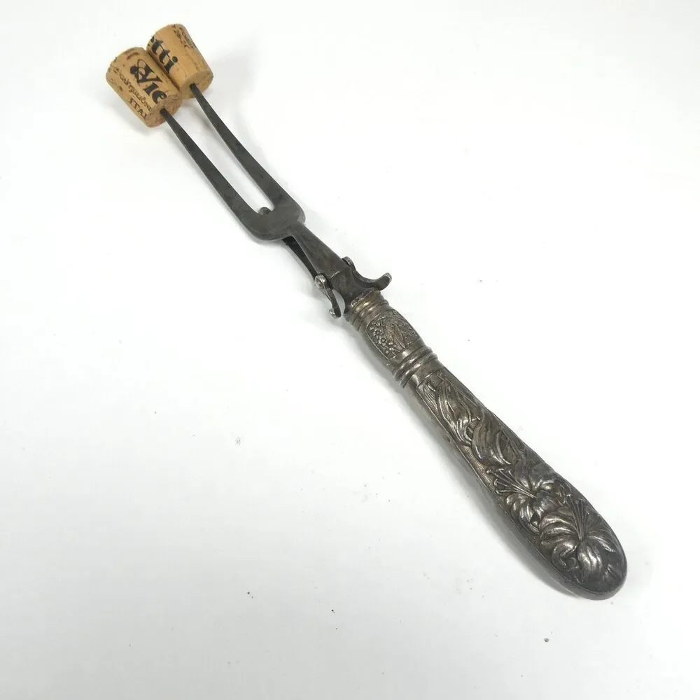 Meat Roast Carving Fork Repousse Floral Handle Vintage Silverplate